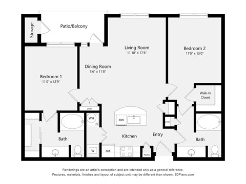 Floor plan for 2 beds, 2 baths, 1048 sqft